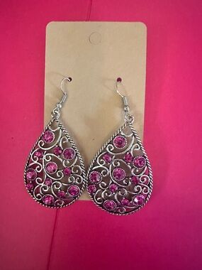 Vintage Silver Teardrop Earrings with Pink Rhinestones heavy and breathtaking